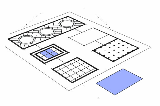 Abstract isometric vector graphic illustration showing a modular layout design concept for urban planning or modern architectural landscaping, presented with various patterned sections.