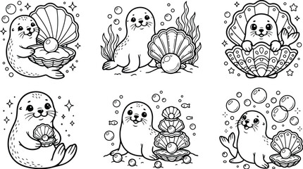 Obraz premium Cute smiling seals holding and playing with opened clam shells containing pearls in underwater scene vector art coloring book style page set