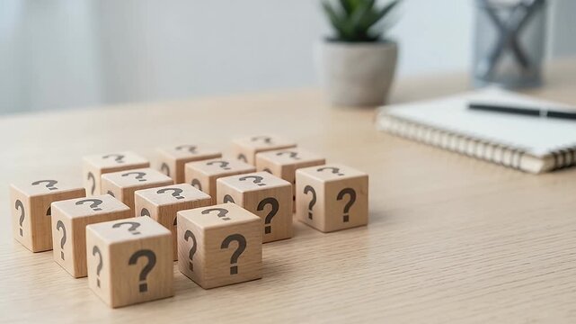 Close-up of wooden cubes displaying question mark icons with one cube highlighted by a glowing light bulb symbol as a professional hand selects it, static framing with subtle push-in and soft neutral 