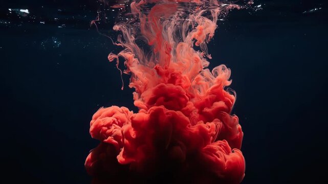 Red Ink Cloud Spreading Underwater Dark Liquid.