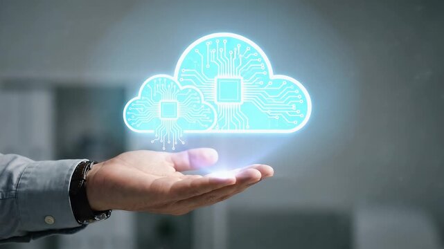 A professional hand showcases a glowing cloud with circuit patterns, as the camera gently pans to emphasize innovation, technology, and digital transformation in a cinematic style.