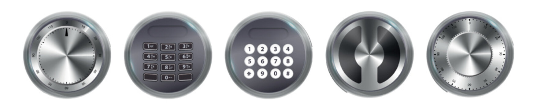 Combination Lock Padlock 3D Set Security Padlocks with Number Code Dials and Safe Strongbox Vault Locker , Isolated on Transparent Background. Vector