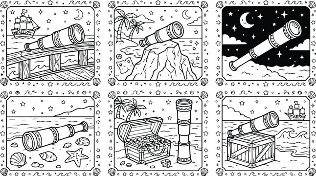 Black and white coloring book pages with pirate telescope and treasure chest illustrations at sea coast with ship palm trees starry night moon and shells design elements
