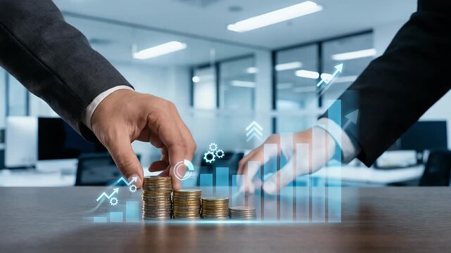 Capture a cinematic scene of two hands placing coins on a stack, with a slow pan revealing animated financial graphs and upward trends, emphasizing investment growth and corporate success.