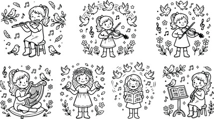 Obraz premium Coloring book page set featuring girls playing flute violin harp and singing with birds flowers music notes in cheerful joyful vector art style line drawing illustrations for children