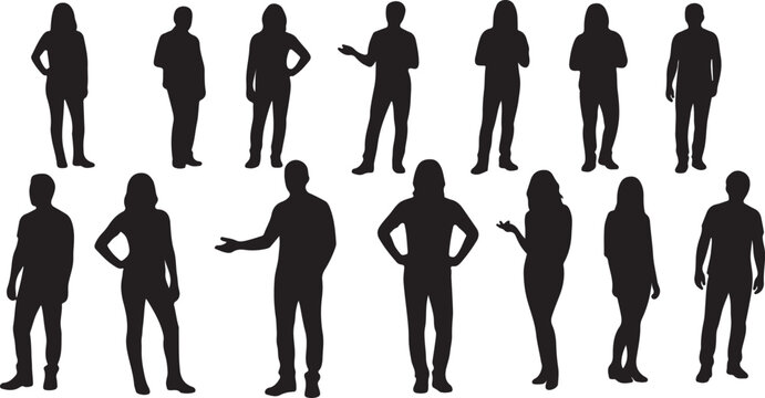 Black silhouette people collection with 14 standing figures, diverse group of men and women silhouettes in casual poses, flat vector human body outlines