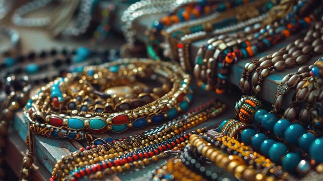A display of assorted colorful beaded bracelets and anklets with intricate designs, suitable for various cultural or bohemian fashion styles.