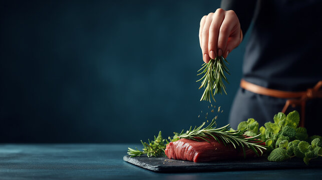 Chef sprinkling fresh rosemary on a raw steak