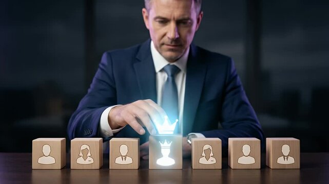 Medium close-up of a business leader lowering a hand above a row of wooden blocks with user icons while a glowing central leader icon connects them in a simple hierarchy, dark background with soft rim