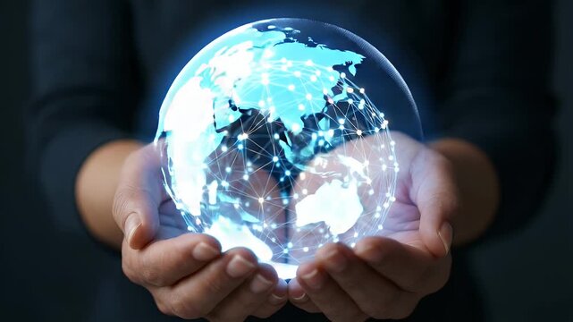 A person gently cradles a glowing digital globe, showcasing interconnected data points, with a smooth camera zoom in, creating a cinematic exploration of technology, innovation, and connectivity.