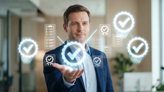 Close-up of a business professional presenting an open palm as a glowing certification badge with check mark appears above while checklist and ISO style icons float beside it, subtle hand stabilizatio