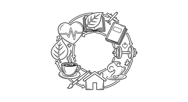 A black and white circular illustration with diverse icons representing aspects of daily life, arranged in a cycle