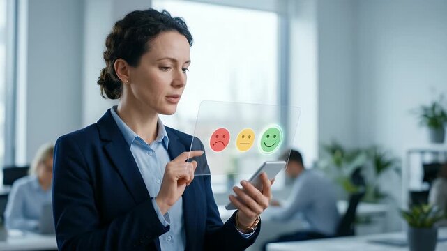 Medium close-up of a professional selecting a green smiling emoticon from a row of faces on a transparent interface while holding a smartphone, subtle finger tap confirming the choice, soft studio lig