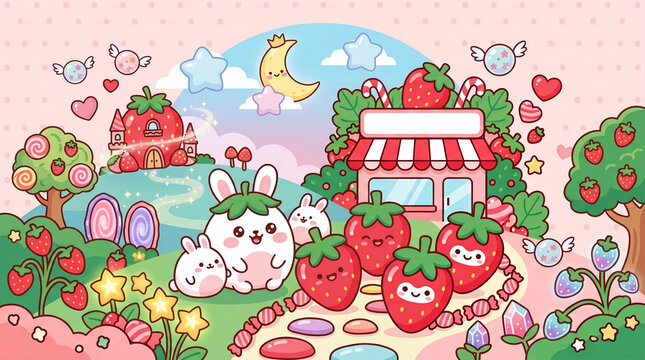 Kawaii bunny and strawberry fantasy world vector illustration with magical elements, strawberry house, and cute rabbit characters.