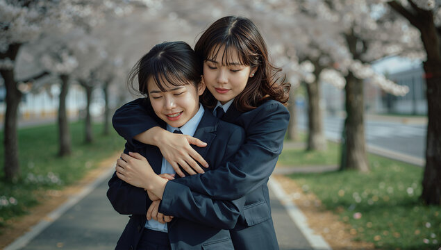 どこか懐かしい桜並木で卒業後に泣く友人を抱き寄せる春の別れ