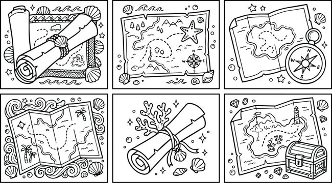 Black and white coloring book page set with pirate treasure maps scrolls compass shells sea elements and treasure chest line art style
