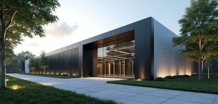 Modern data center building exterior features sleek dark facade with large glass entrance. Green trees and manicured lawn surround structure. Exterior lights illuminate building base at dusk.