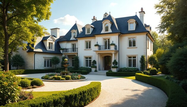 Large french style mansion with manicured gardens, fountain, and manicured landscaping. White stone and stucco exterior with dark roof. Beautiful estate home with grand entrance and balconies.
