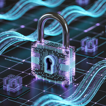 Padlock is integrated into a high tech motherboard layout featuring luminous data streams flowing through the environment.