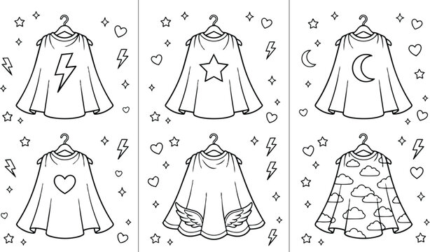 Black and white coloring book page set with six fantasy superhero capes hanging on hangers featuring lightning star moon heart wings and cloud patterns surrounded by hearts stars and thunder symbols