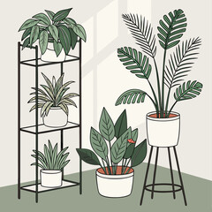 A minimalist vector illustration of potted plants on stands and shelves in a modern room