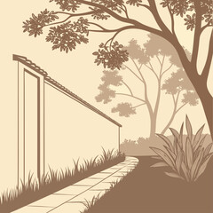 A minimalist vector illustration of a serene garden pathway leading to a simple building surrounded by trees and plants