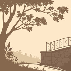 A serene landscape illustration of a tree and bridge in a natural setting