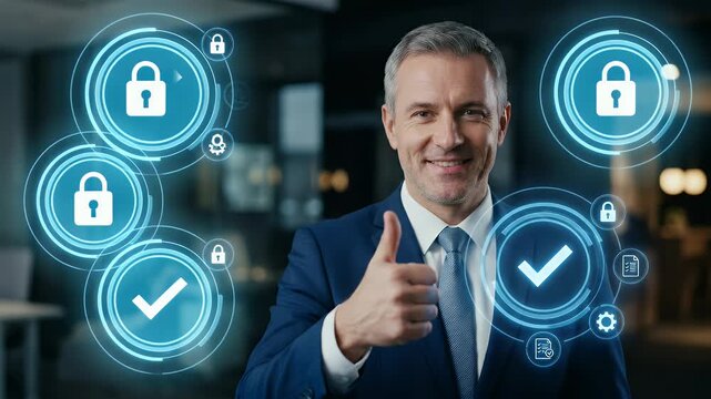 A confident businessman gives a thumbs up in a modern office, while digital icons animate around him; slow pan captures an engaging, cinematic scene of business success and innovation.