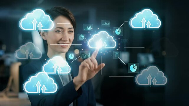 A professional woman interacts with digital cloud data visualizations in a modern office, featuring steady camera tracking and soft ambient lighting, creating a cinematic atmosphere of innovation and 