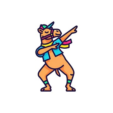 A cartoon camel in a cap and colorful clothes is striking a "dab" pose, with one arm up and finger pointing