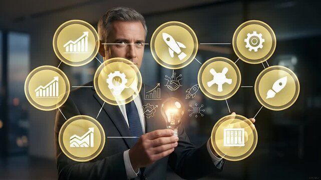 Medium close-up of a business executive holding a glowing light bulb with subtle floating business icons above it, dark corporate background with soft rim lighting and slow cinematic push-in emphasizi