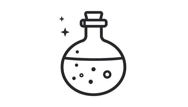 A black and white illustration of a round glass bottle with a cork stopper, filled with bubbly liquid, and a star