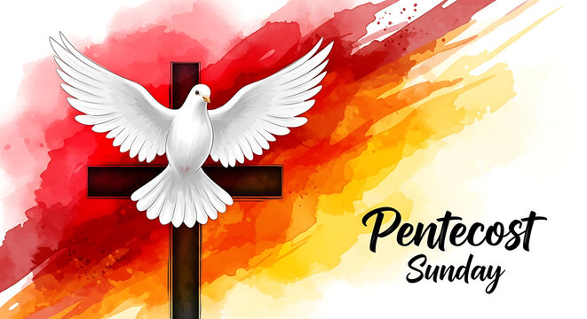Vibrant pentecost sunday illustration with white dove and cross on colorful background