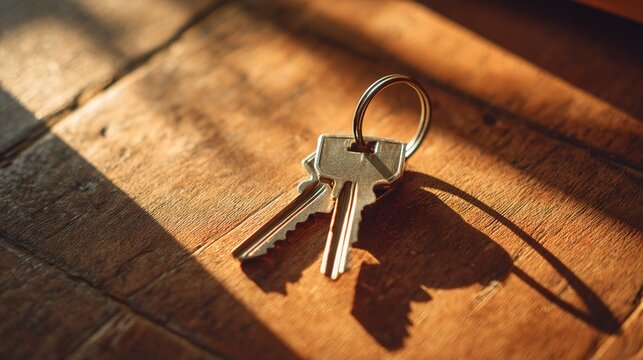 doorframe. Shiny metal house keys on a wooden surface, symbolizing property transfer in warm light. pitch deck slides.