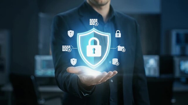Medium close-up of a professional presenting an open hand with a glowing shield icon and padlock symbol floating above the palm, small security icons surrounding the shield, slow cinematic push-in wit