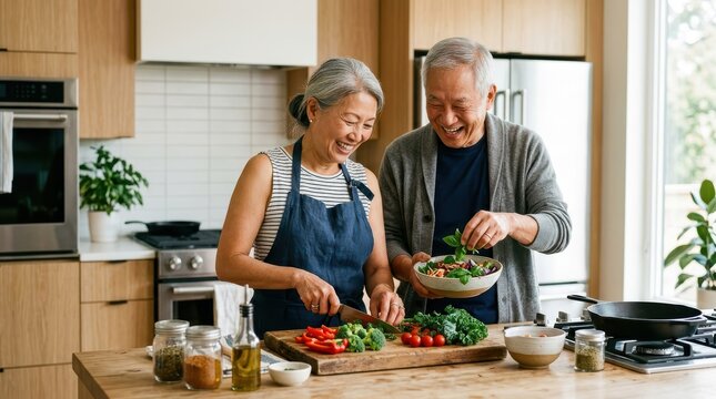 Senior Couple Cooking Together In A Bright Kitchen, Enjoying A Relaxed And Joyful Moment Preparing Food At Home.