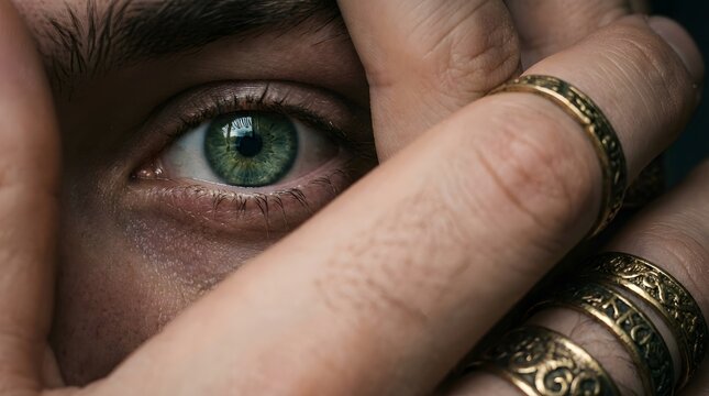Ocular Sentinel - Close-up of a green eye behind out-of-focus oxidized gold rings (Insight, Stagnation, Presence, Memory)