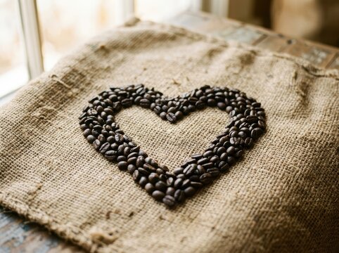 Fresh Roasted Coffee Beans Heart Shape On Rustic Burlap Sack Background