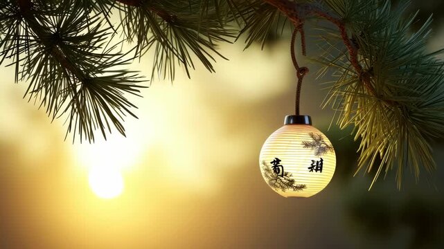 Vintage style Christmas ornament in the shape of a lantern, adorned with Japanese designs, hanging on a pine tree during sunset, evoking the warm glow of holiday cheer.
