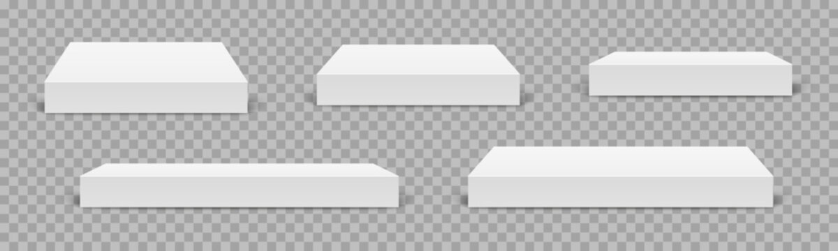 Empty white rectangular podium, top table mockup, modern pedestal and platform, concrete flooring stand stage stand, empty stages and podium stair 3d template for product presentation