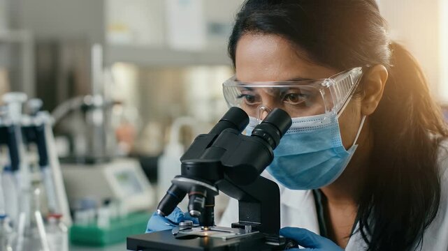 Close-up of a laboratory scientist wearing protective goggles and mask while looking through a microscope, soft warm light flare on the side and shallow depth of field isolating focused eyes, static f