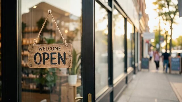 Capture a cinematic scene of a welcoming Open sign gently swaying in the breeze, with a slow pan revealing a vibrant storefront and pedestrians strolling by, embodying community spirit and local busin