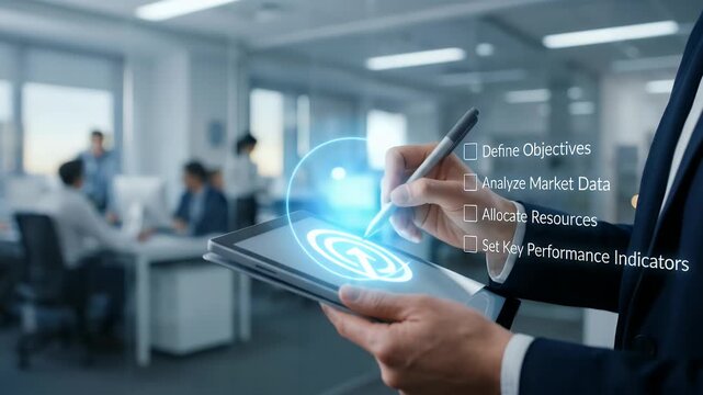 A professional analyzes market data on a tablet while business colleagues engage in discussion, captured with a steady tracking shot in a modern office, creating a cinematic atmosphere.