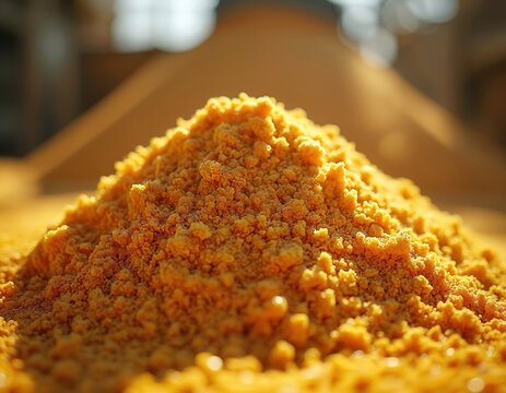 Yellow granular feed additive pile shows fine texture. Ingredient for animal nourishment or bio-fuel production. Bulk commodity processed in industry.