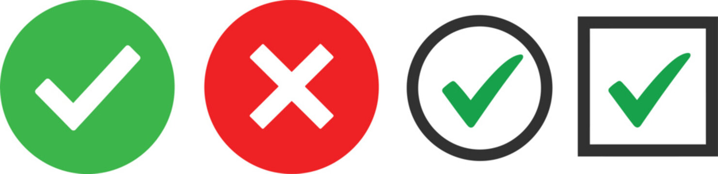 Visual confirmation and rejection symbols a collection of checkmarks and an 'x' in oval and rectangular shapes