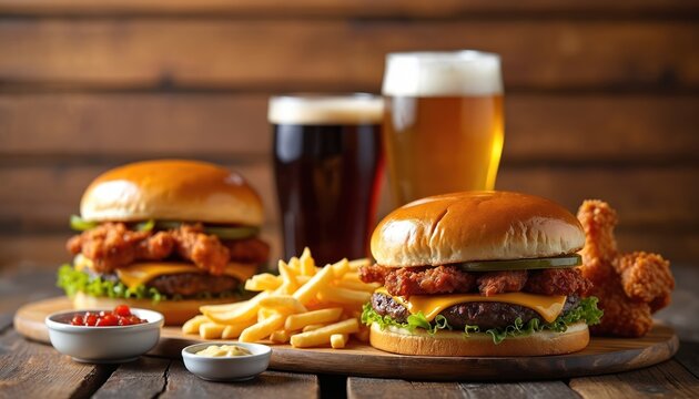 Two burgers with cheese, lettuce, and pickles served with french fries and ketchup. Two glasses of beer sit behind the meal. Fried chicken wings are also on the side.
