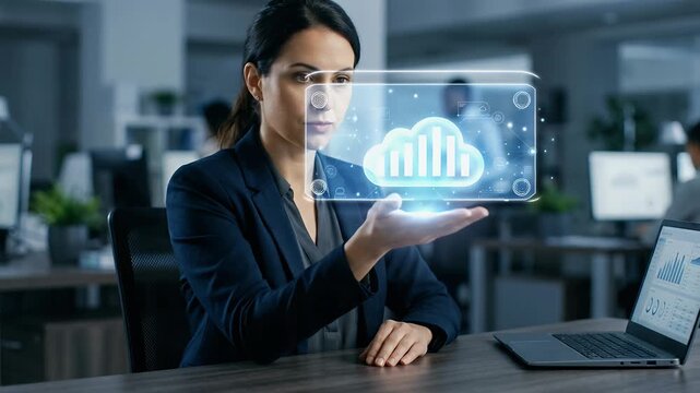Close-up of a professional seated at a desk extending an open palm toward a glowing cloud icon surrounded by subtle interface symbols while a laptop sits to the right, slow cinematic push-in with cool