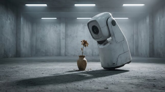 Mechanical Mourning - Synthetic observer contemplating a withered flower in a desolate hall (Technocracy, Obsolescence, Solitude, Inertia)