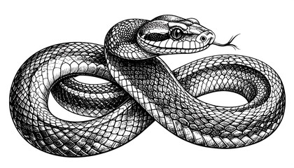 Obraz premium Detailed monochrome snake illustration; coiled reptile poised with its tongue flicking outward against white backdrop