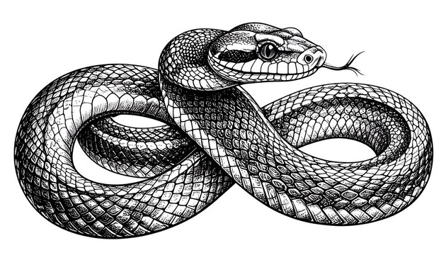 Detailed monochrome snake illustration; coiled reptile poised with its tongue flicking outward against white backdrop